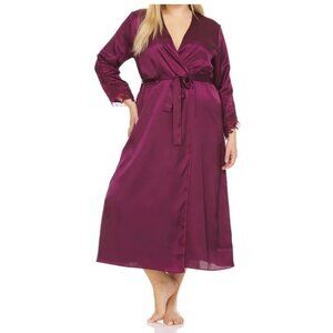 Flora by Flora Nikrooz Women's Plus Size Satin Stella Robe, Bordeaux Red, 2X